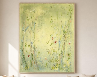 Abstract Oil Painting, Sage Green Botanical Wall Art, Impressionist Floral Canvas, Soft Yellow Green Nature Art, Organic Modern Home Decor