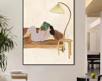 Cuadro de mujer leyendo: arte minimalista beige, decoración moderna para sala de estar