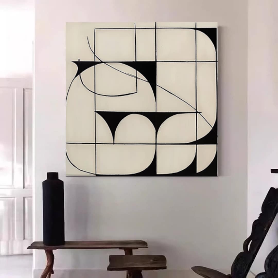 Black and White Abstract Canvas Painting: Wabi Sabi Minimalist Wall Art ...