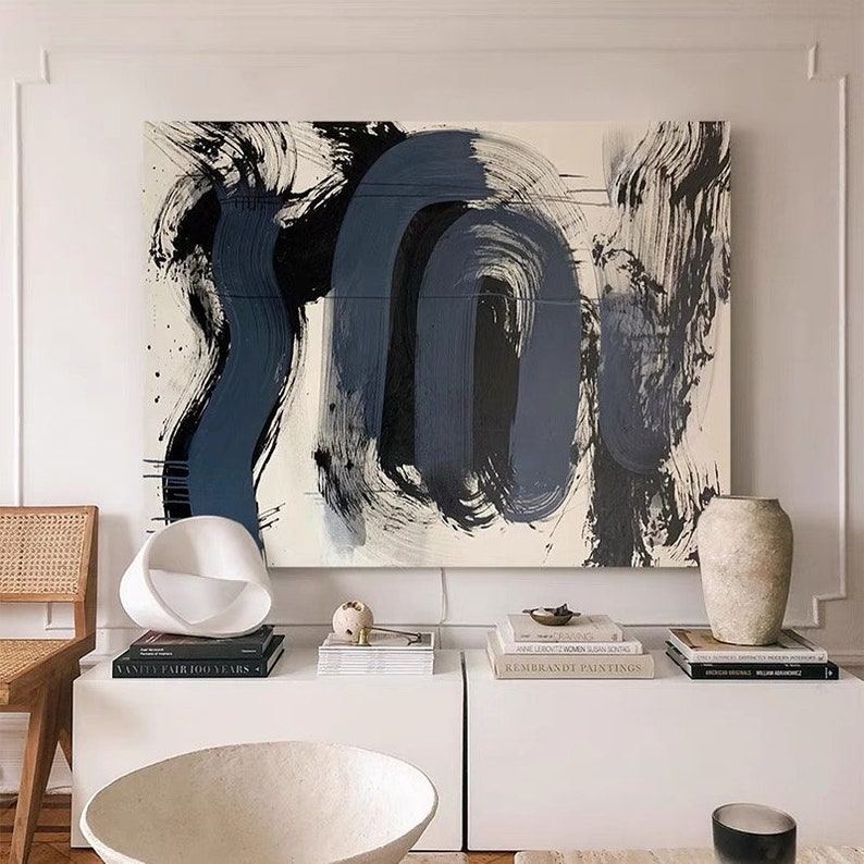 Large Black White Blue Wall Art Abstract White Black Texture Etsy