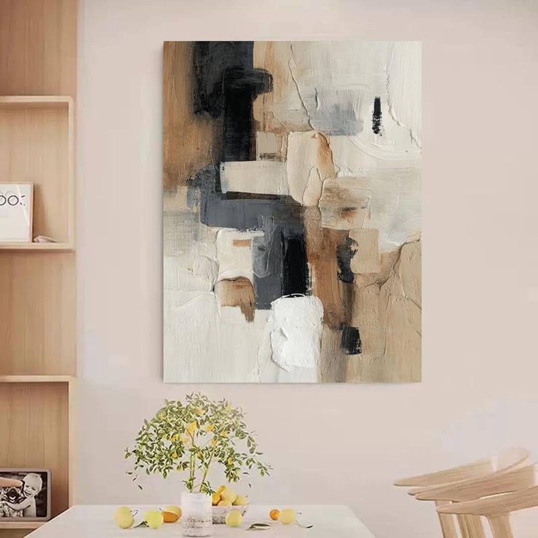 Abstract Neutral Oil Painting Modern Minimalist Wall Art Beige Brown ...