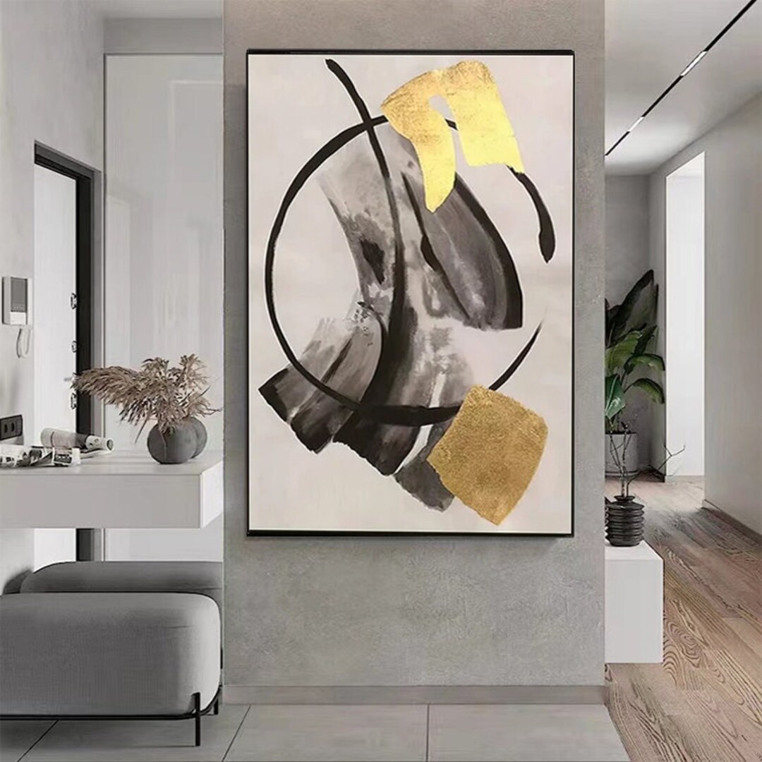 Black Gold Grey Abstract Painting Canvas Art Renditions Etsy