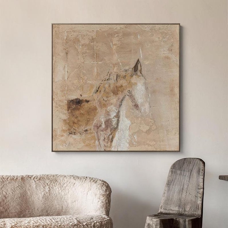 Brown Horse Painting: Beige Wabi Sabi Wall Art image 3