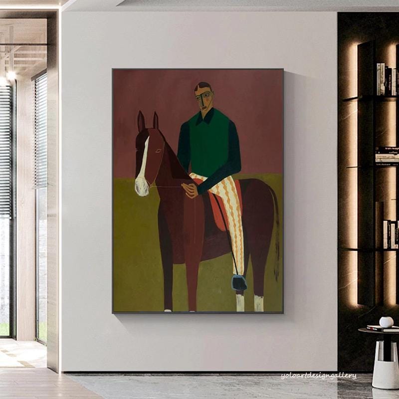 キャンバスに描かれた現代的具象油絵 馬を連れた男 肖像画 アート 現代