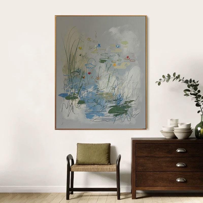 Abstract Water Lily Oil Painting: Blue Green Botanical Canvas Wall Art ...