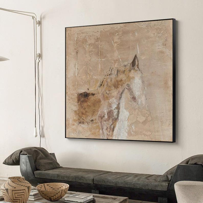 May include: Abstract painting of a horse's head in shades of brown, beige, and white. The painting has a textured, layered look, giving it a vintage feel.