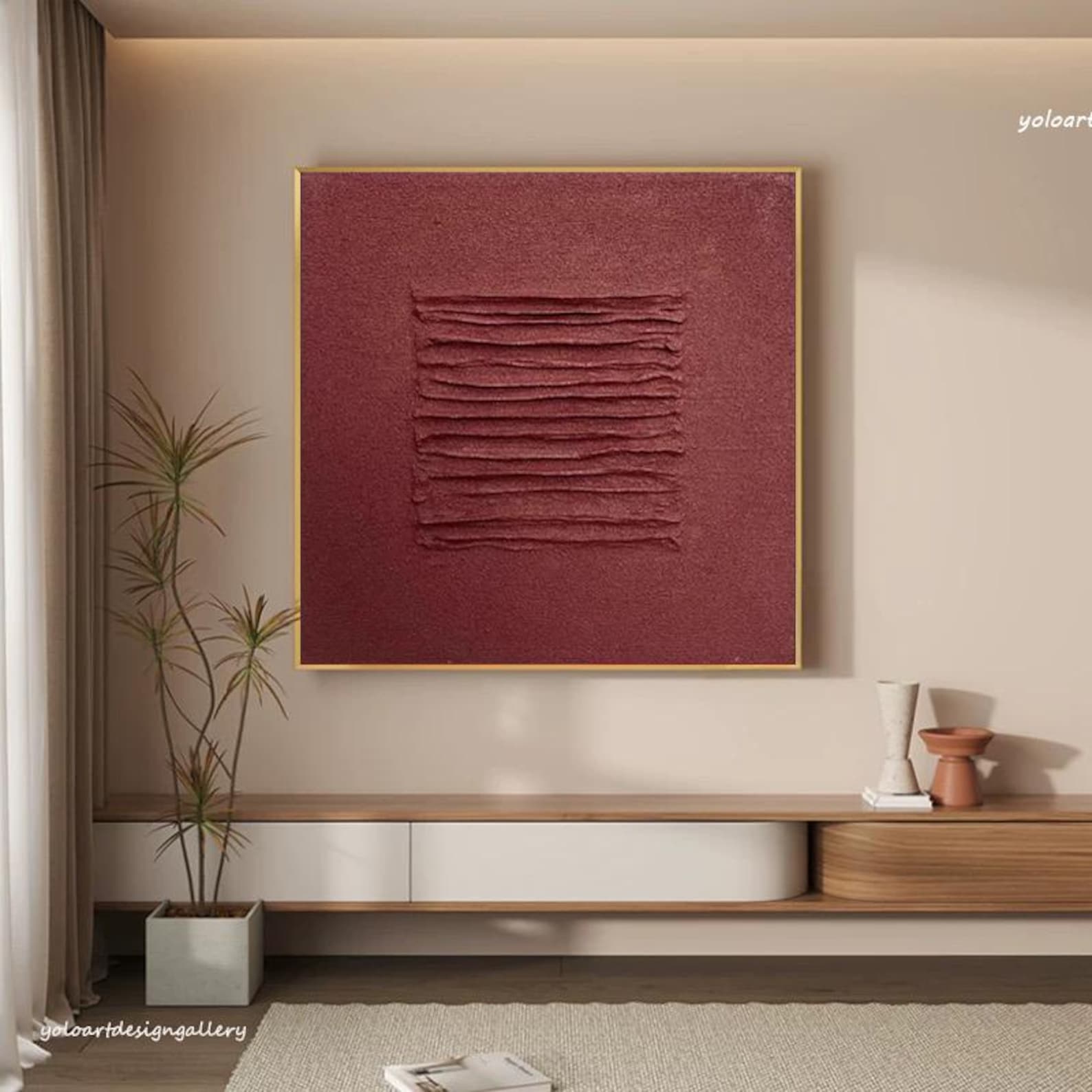 Large Red Abstract Oil Painting: Minimalist Wabi Sabi Textured Wall Art ...