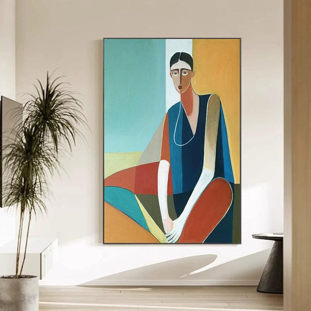 【額装】キュビズム風 女性人物画 模写 現代アート 油彩風インテリア 52×43 額装】キュビズム風 女性人物画 模写 現代アート 油彩風インテリア 52