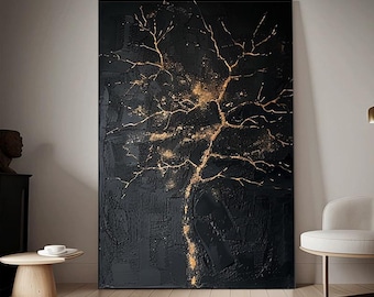 真作　原画　オリジナル　油絵風　モダンデジタルアート ブラックゴールド Original Gold Tree Painting: Black Textured Wall Art (40x30) - Etsy