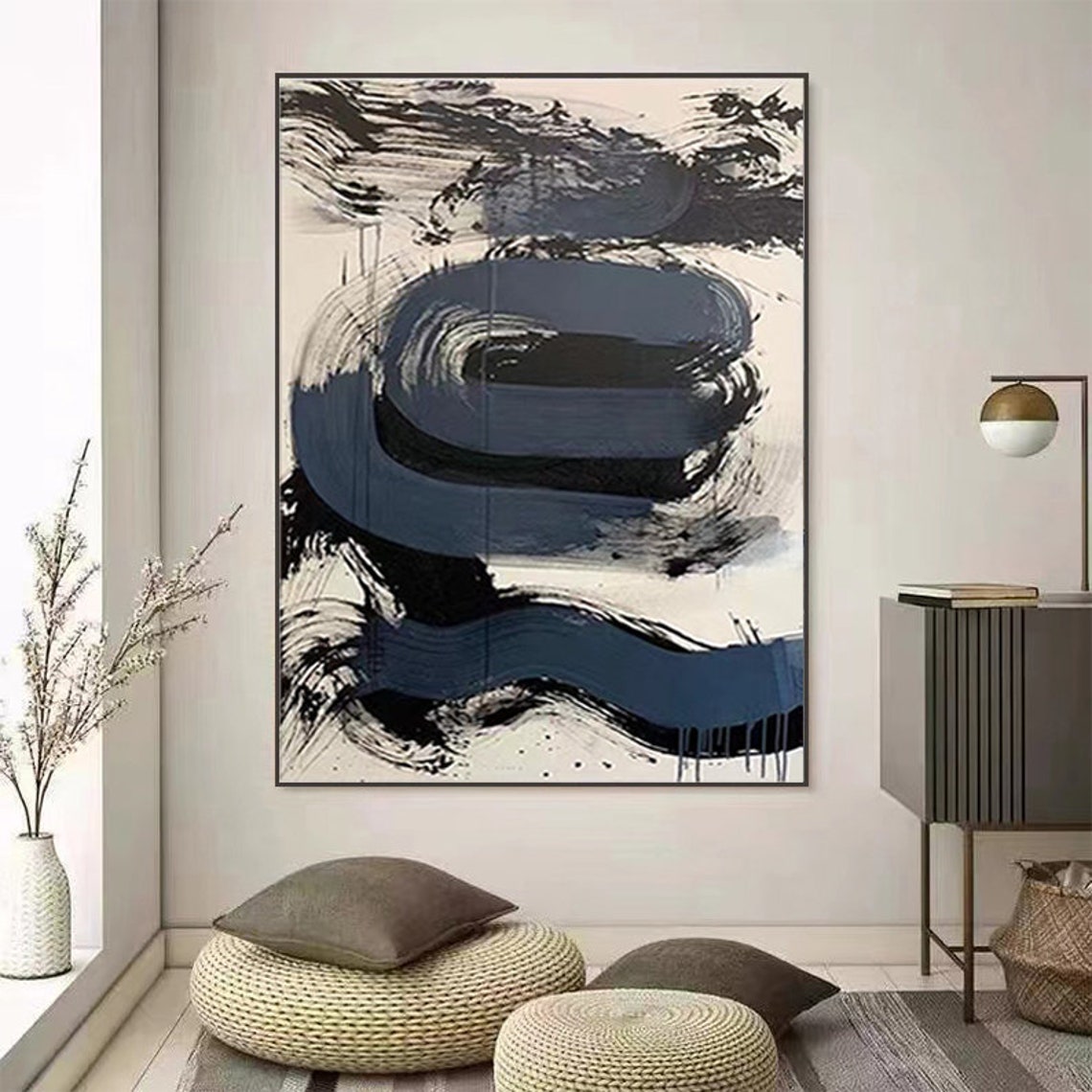 Large Black White Blue Wall Art Abstract White Black Texture Etsy