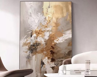 May include: Abstract painting with gold and white paint on a canvas. The painting has a textured look and features a variety of brushstrokes.
