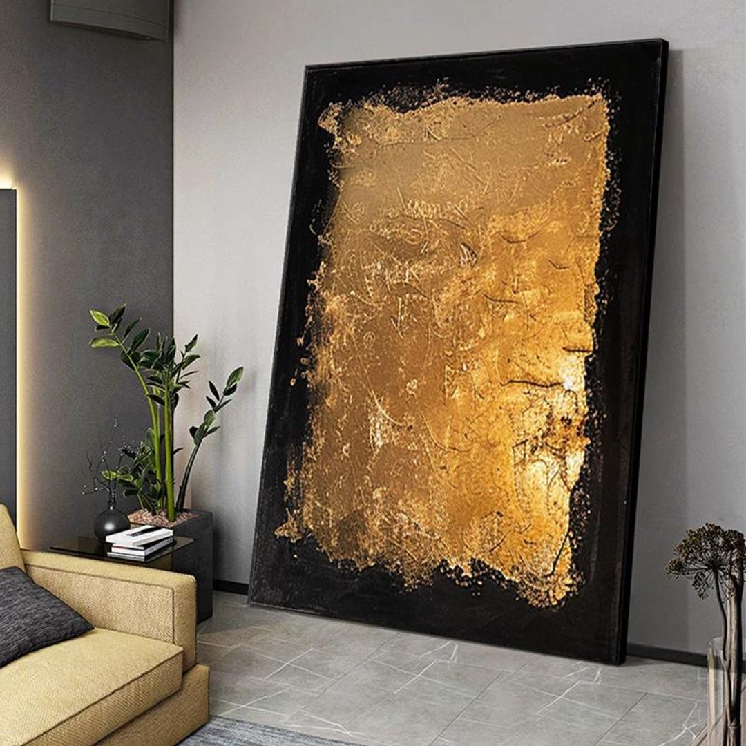 Large Gold Foil Abstract Painting: Black Minimalist Canvas Wall Art - Etsy