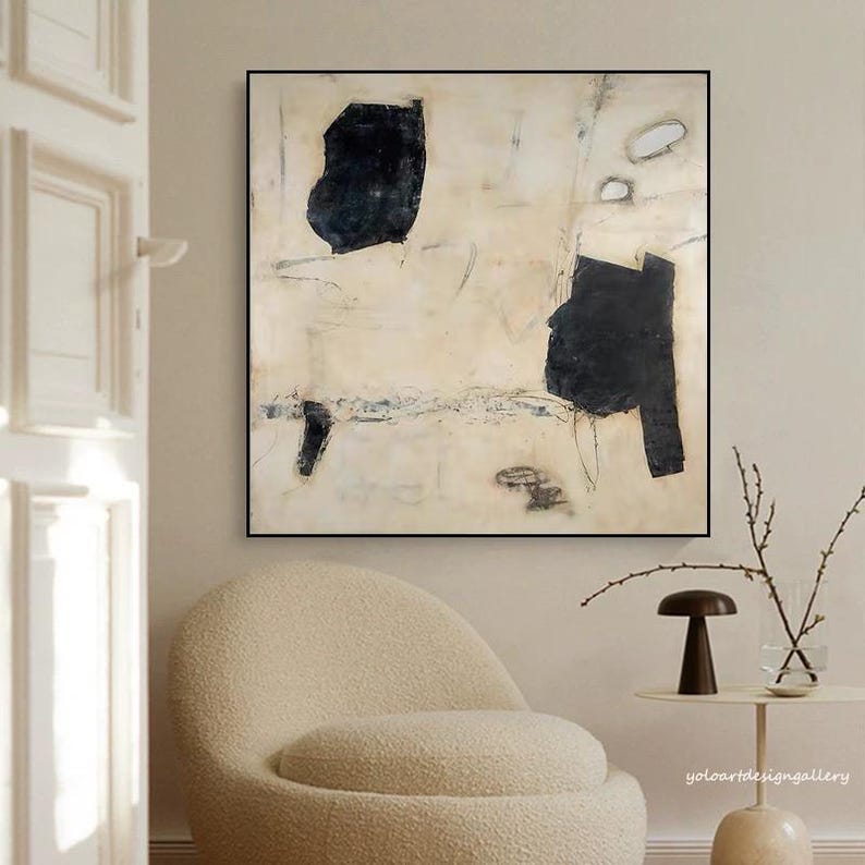 Large Abstract Painting Black Beige Modern Textured Canvas Art - Etsy
