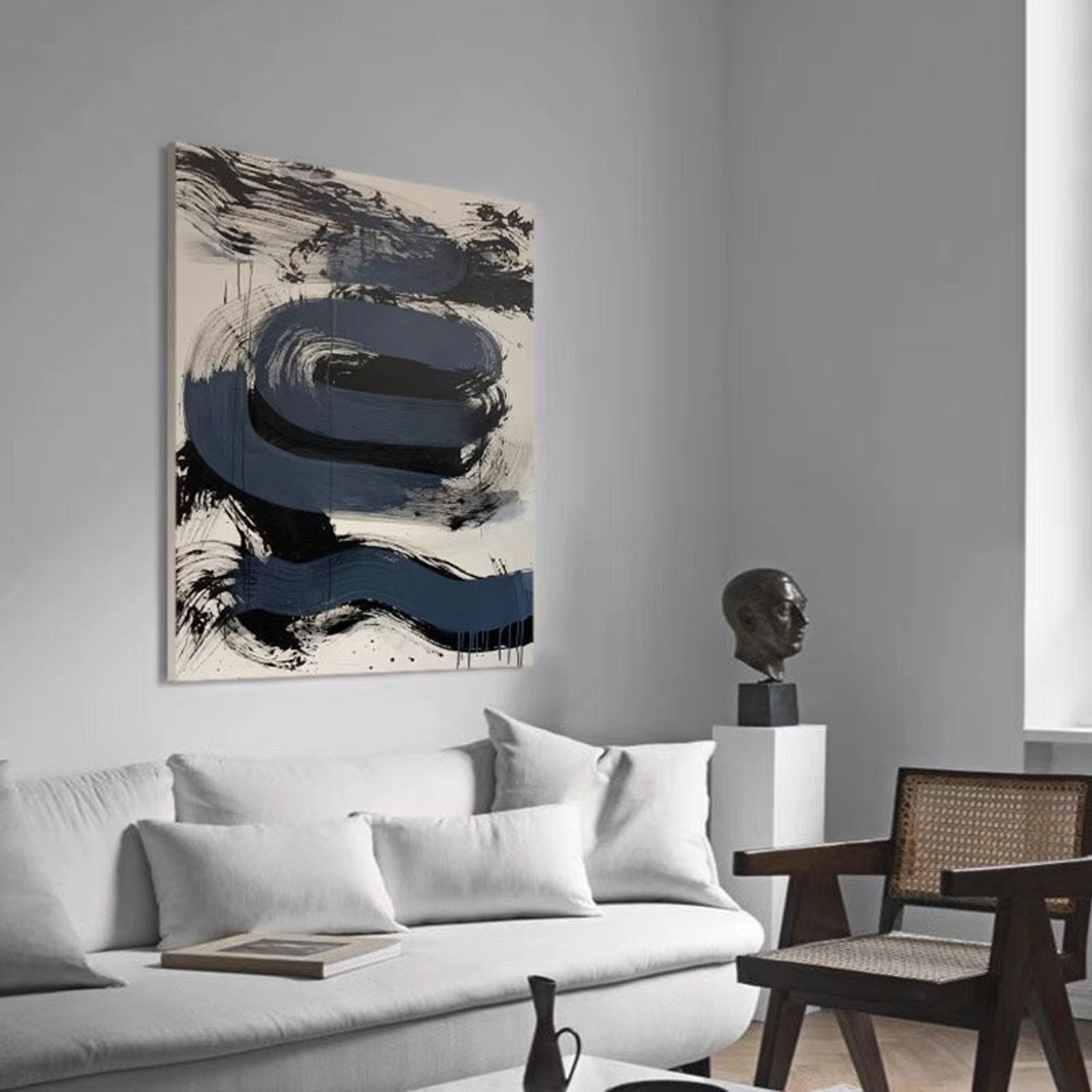 Large Black White Blue Wall Art Abstract White Black Texture Painting