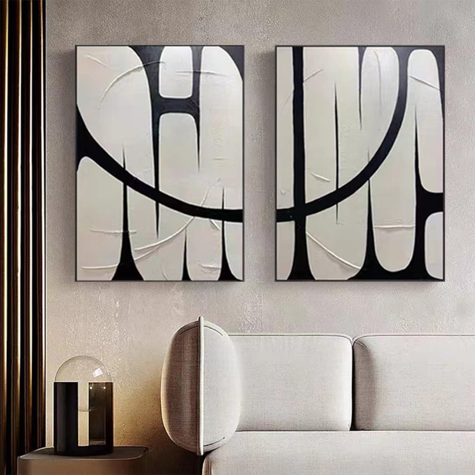 Set of 2 Black and White Abstract Painting Black and White Wall Decor