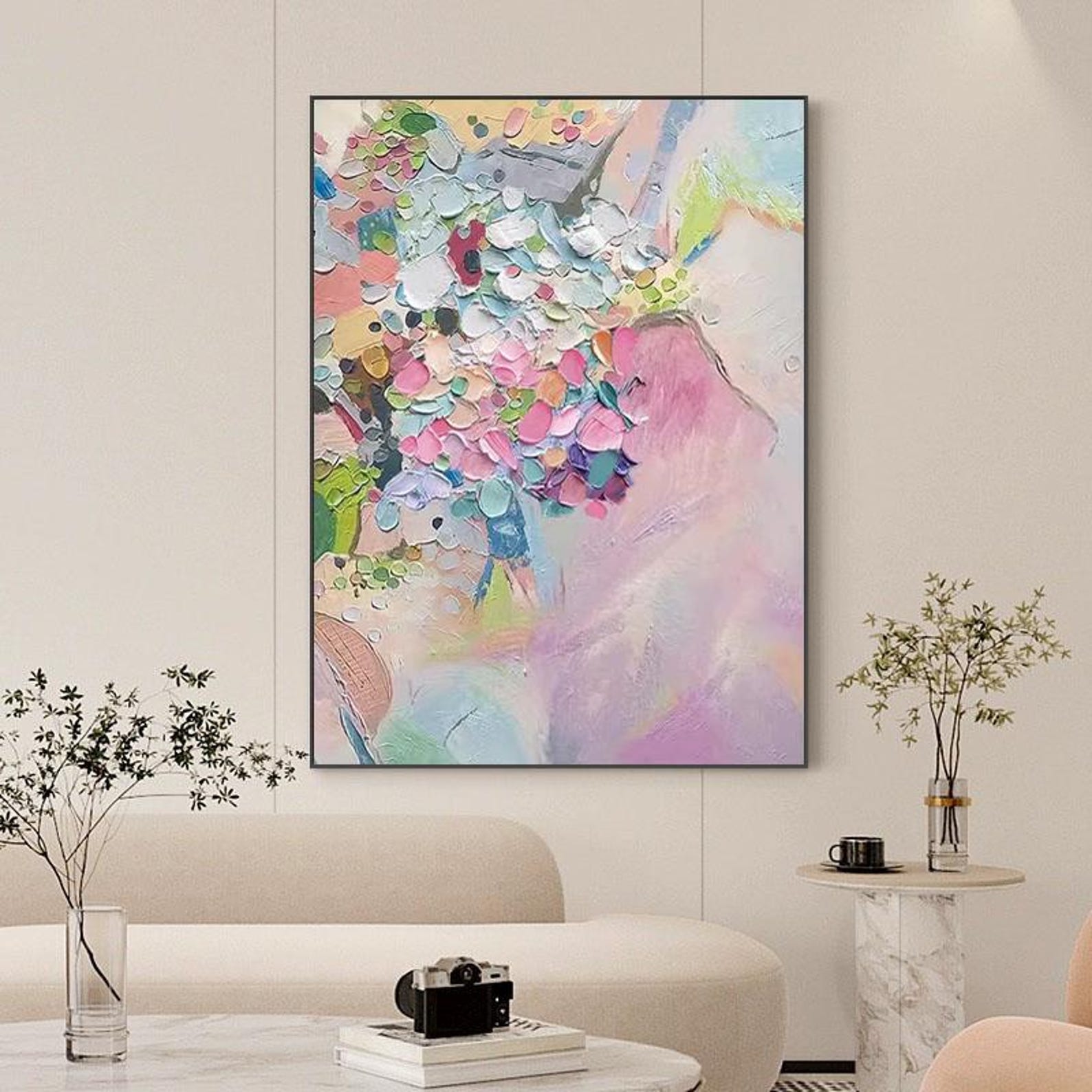 Original Minimalist Pink Floral Art Colorful Abstract Flower Oil ...