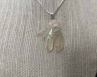 Sunshine Aura Quartz and Carnelian Crystal Clusters in Resin Pendant with 24 Sterling Silver Chain