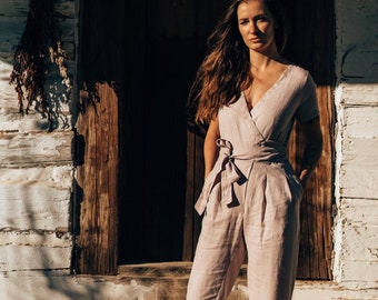 Long wrap linen jumpsuit, Loose linen romper with belt and pockets, Soft linen overall women suit,  Summer jumpsuit with short sleeves, Alix