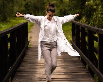 Women linen cardigan, linen kimono dress, with long sleeves and buttons, white linen cardigan, long cardigan Kimono Wrap, linen kimono coat