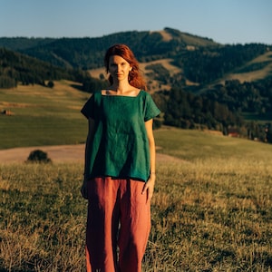 Linen blouse short sleeve, linen loose blouse , linen oversize top, linen tops and tee zdjęcie 1