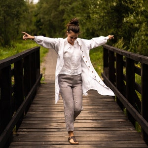 Women linen cardigan, linen kimono dress, with long sleeves and buttons, white linen cardigan, long cardigan Kimono Wrap, linen kimono coat image 1