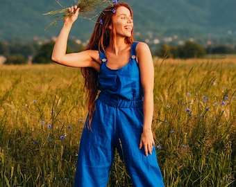 Linen Jumpsuit Organic 100% Women Jumpsuit Dungaree Linen Overall Romper Summer Jumpsuit Sustainable Linen Clothing Button-up jumpsuit