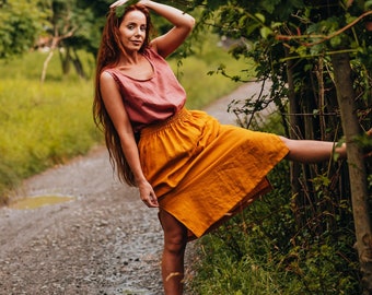 Senfgelber Leinenrock, Leinenrock mit Taschen, Rock aus natürlichem Leinen für Frauen, Midirock aus Leinen mit elastischem Bund