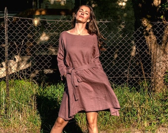 Linen dress for women, boho dresses, boho summer dress, linen dress midi, loose linen dress, dress with belt, Linen dress with pockets