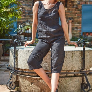 Linen jumpsuit , Sleeveless linen jumpsuit, Linen overall ,Linen romper, jumpsuit linen women, Black linen jumpsuit, ready to ship image 6