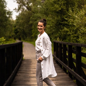 Women linen cardigan, linen kimono dress, with long sleeves and buttons, white linen cardigan, long cardigan Kimono Wrap, linen kimono coat image 2