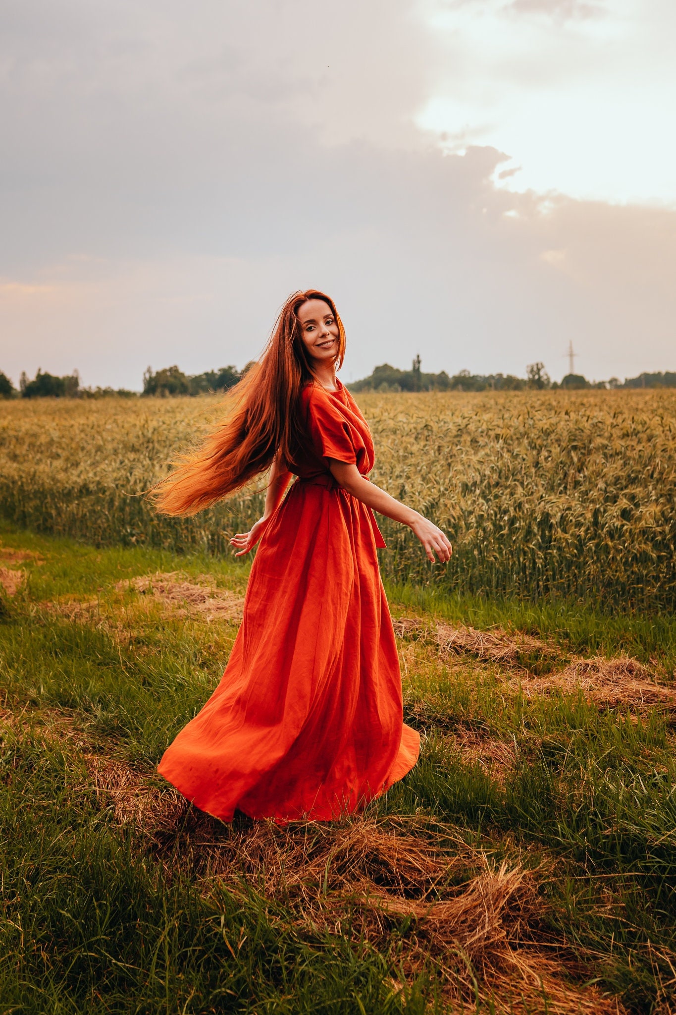 Linen maxi dress, Long linen dress with belt tie, Summer dress for women, Loose linen dress, U neck linen dress