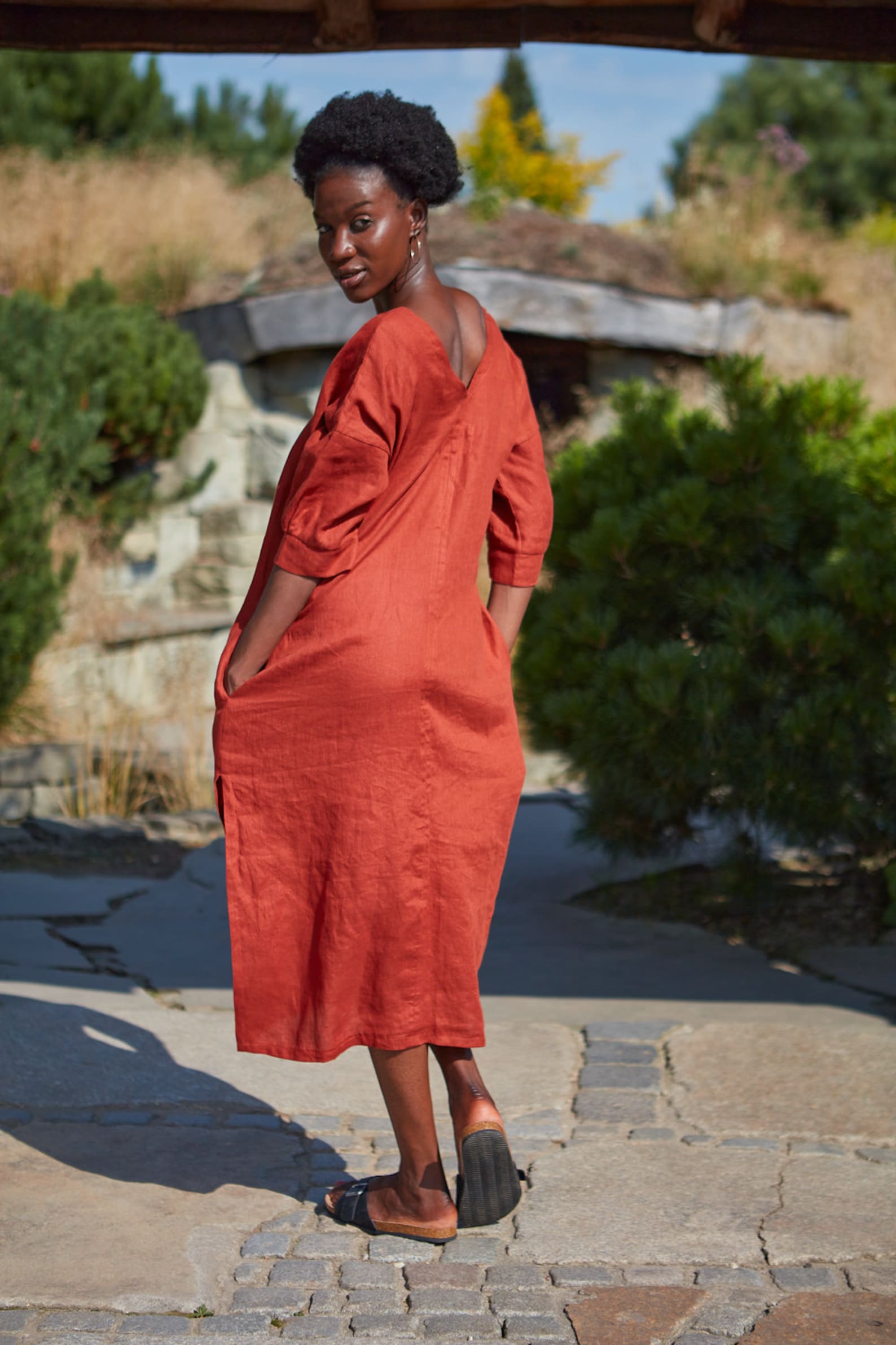 Women Linen Loose Drawstring Waist Dress