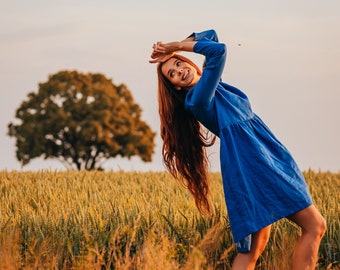 Linen dress, Long sleeve linen dress, blue linen dress, linen dress midi, Linen maxi dress, Linen casual summer dress, dress with Pockets