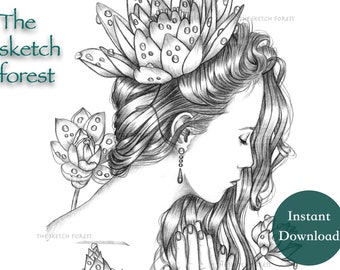 Printable Coloring Pages for Adults l The morning prayer, Fiona l Women Flowers Grayscale  l Instant Download PDF, JPG l Fantasy Coloring