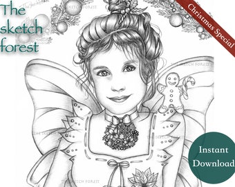 Christmas Fairy, Trixie l Christmas Coloring pages l Cute Coloring pages l Gingerbread l Greyscale l Coloring book Instant Download PDF, JPG