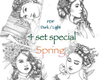 Printable Coloring Pages for Adults l Special 4 Set 'Spring' l Beautiful Women Flowers, Hair l Grayscale lInstant Download PDF