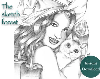 Halloween Coloring Pages for Adults l Printable l A Happy Witch Girl, Pam l Cat l Grayscale Portrait Coloriage  l Instant Download PDF, JPG