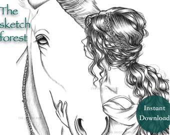 Printable Coloring Pages for Adults l The horse and the princess, Luna and Maya l  Grayscale  l Instant Download PDF, JPG l Fantasy Coloring