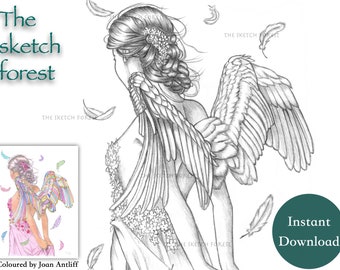 Printable Coloring Pages for Adults l Angel's gaze, Mary l Women Flowers Grayscale  l Instant Download PDF, JPG l Fantasy Coloring