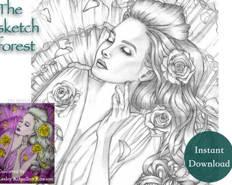 Printable Coloring Pages for Adults l The Sleeping Beauty, Angelina l Women and Flowers l Grayscale Coloriage  l Instant Download PDF, JPG