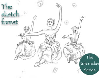 Printable Coloring Page l Ballet illustration l Waltz of Flowers l The Nutcracker l Greyscale l Digital art l Instant Download PDF, JPG