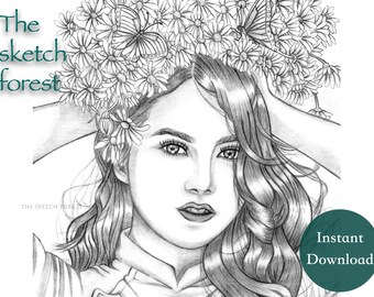 Printable Coloring Pages for Adults l Flower Crown, Cam l Beautiful Women Flowers Coloring Pages l Grayscale  l Instant Download PDF, JPG