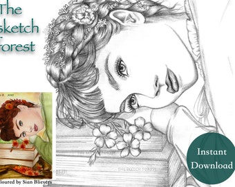 Printable Coloring Pages for Adults l The girl and books, Aurelie l Beautiful Women Flowers, Hair l Grayscale lInstant Download PDF, JPG