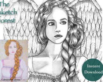 Printable Coloring Pages for Adults l Wondering Angel, Amelia l Women Coloring Pages l Grayscale  l Instant Download PDF, JPG