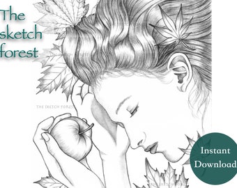 Printable Coloring Pages for Adults l Autumn Fairy, Lily l Women Nature Grayscale  l Instant Download PDF, JPG l Fantasy Coloring