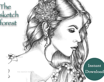 Printable Coloring Pages for Adults l The Goddess of Crystal,Silvia, Women Flowers Grayscale  l Instant Download PDF, JPG l Fantasy Coloring