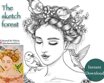 Printable Coloring Pages for Adults l The Spring Bride, Elise, Women Flowers Grayscale  l Instant Download PDF, JPG l Calming Coloring Pages