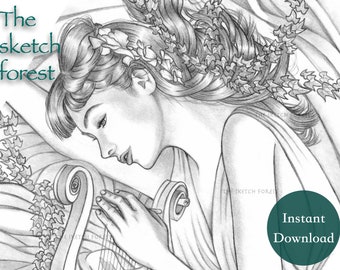 Printable Coloring Pages for Adults l Her Lullaby, Dora l Women and Flowers Grayscale  l Instant Download PDF, JPG l Calming Coloring Pages