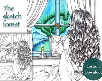 Printable Coloring pages for Adults l 'The Magical Northern Night,Christina l Aurora l Greyscale l Instant Download PDF, JPG l Digital