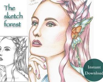 Printable Coloring Pages for Adults l Daydream, Eliza l Grayscale  l Instant Download PDF, JPG l Fantasy Coloring l Butterfly, Elf